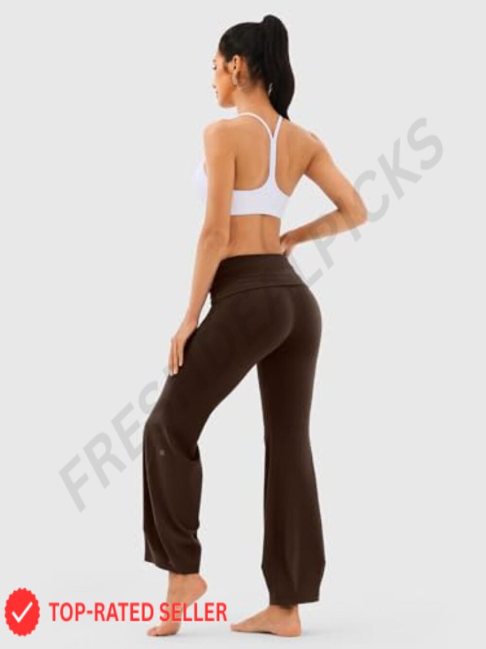 Fold-Over Flare Yoga Pants High Waist Drawstring Tummy Control Leggings Pilates - Picture 5 of 6